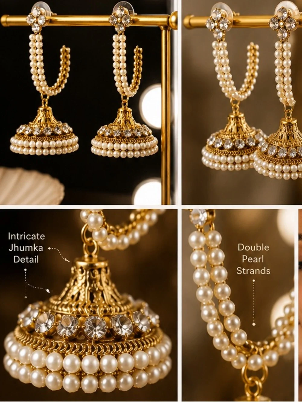 Indian Gold Pearl Jhumka Earrings | Bridal Statement Earrings | Ethnic Jewelry